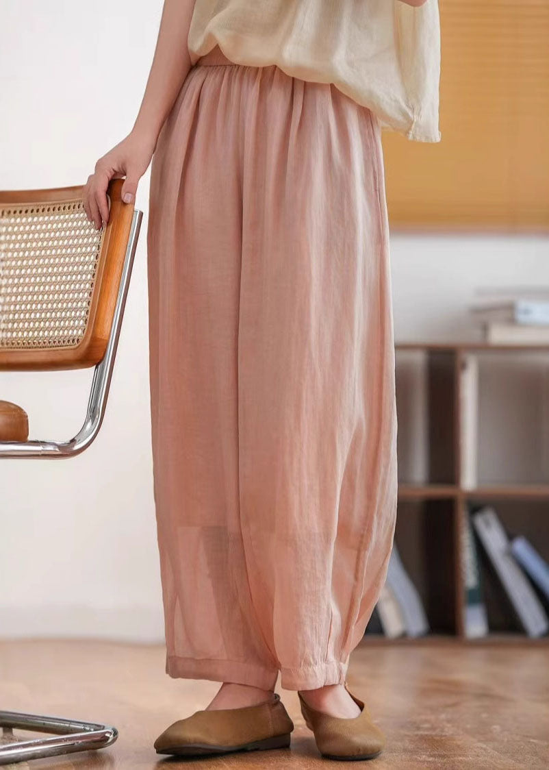 Yellow Green Pockets Elastic Waist Linen Crop Pants Summer