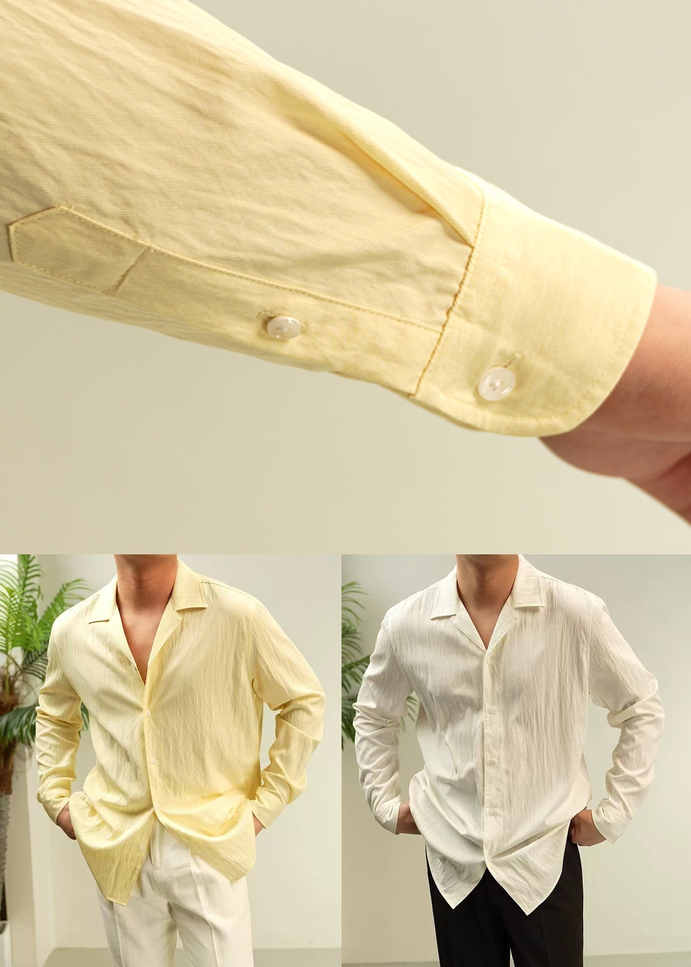 Casual Yellow Peter Pan Collar Button Solid Cotton Shirt Men Fall