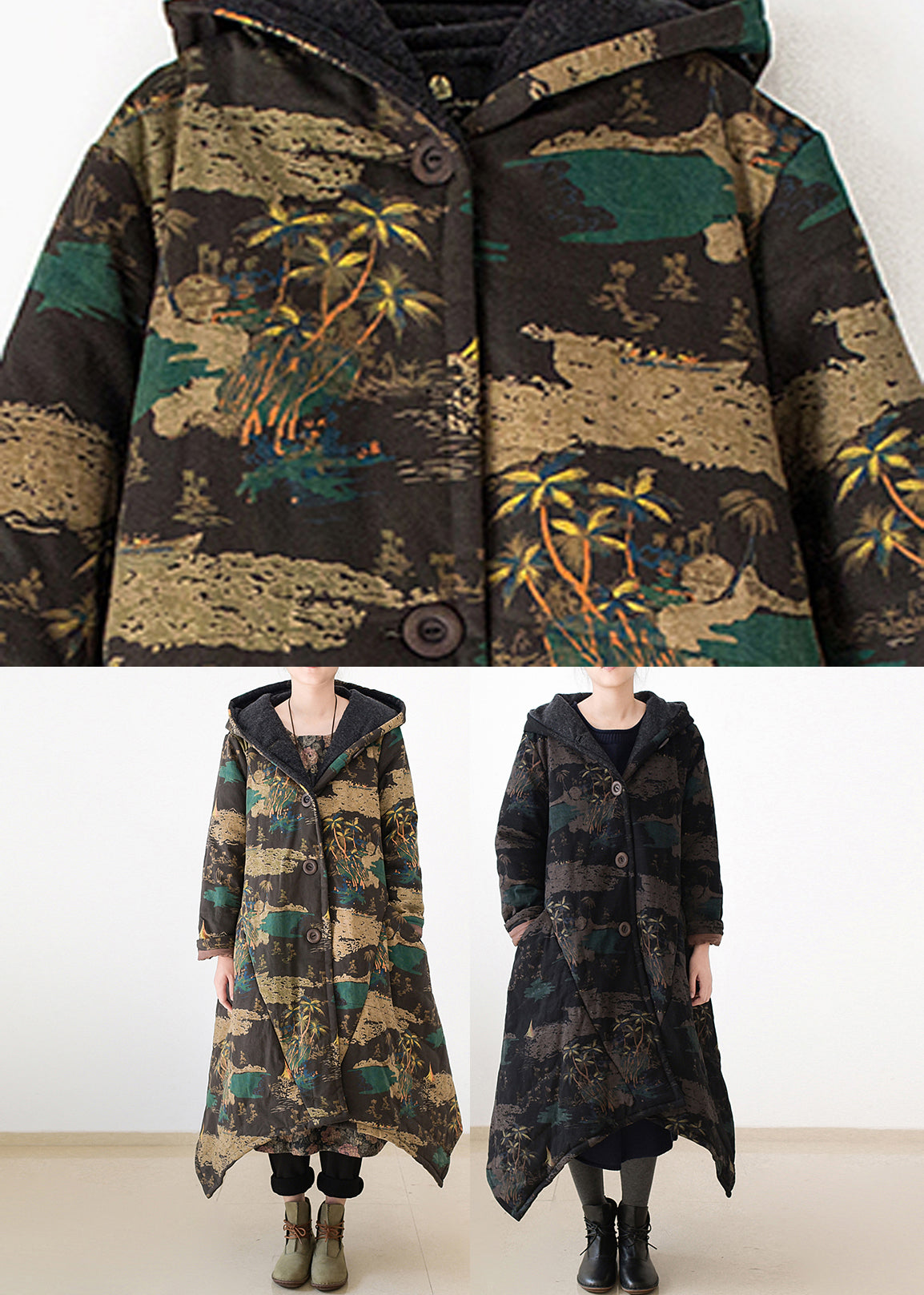Yellow Print Warm Thick Hooded Long Parka Coats Winter