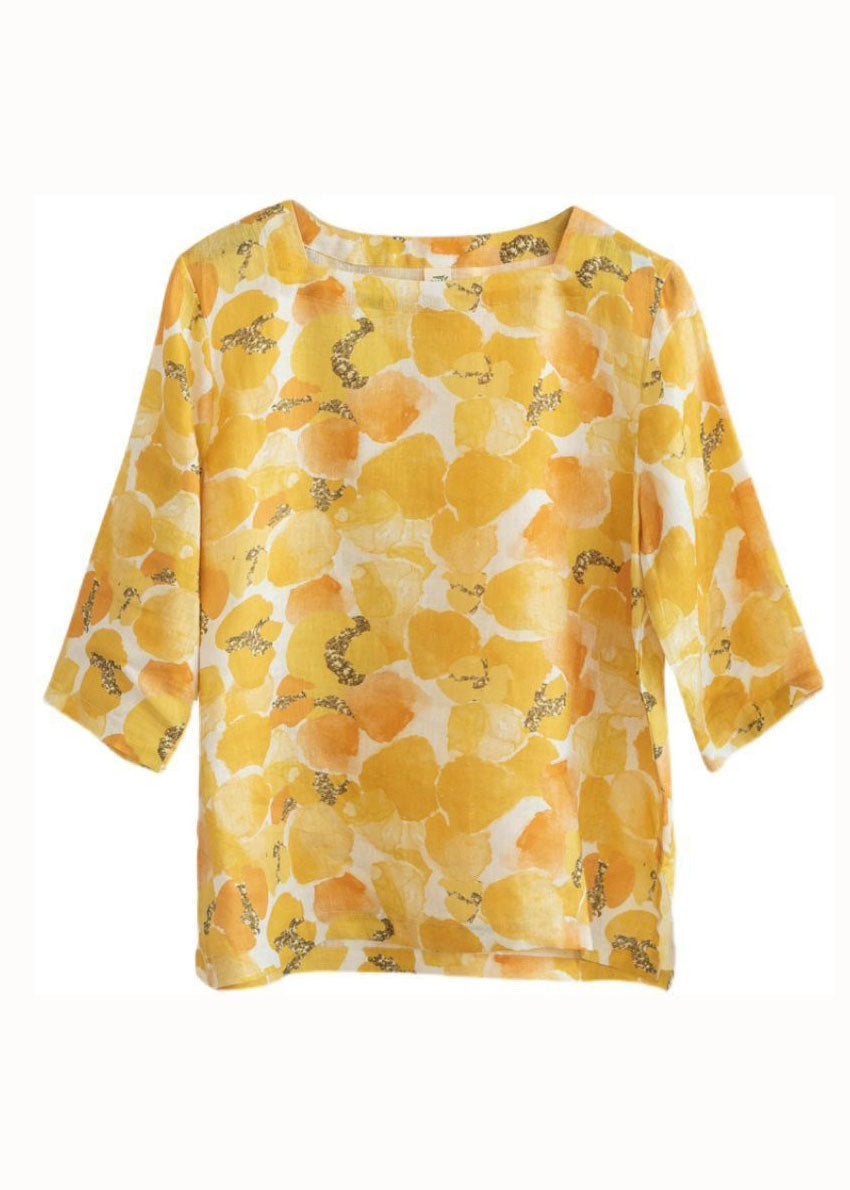 Yellow Square Collar Print Linen T Shirts Top Summer