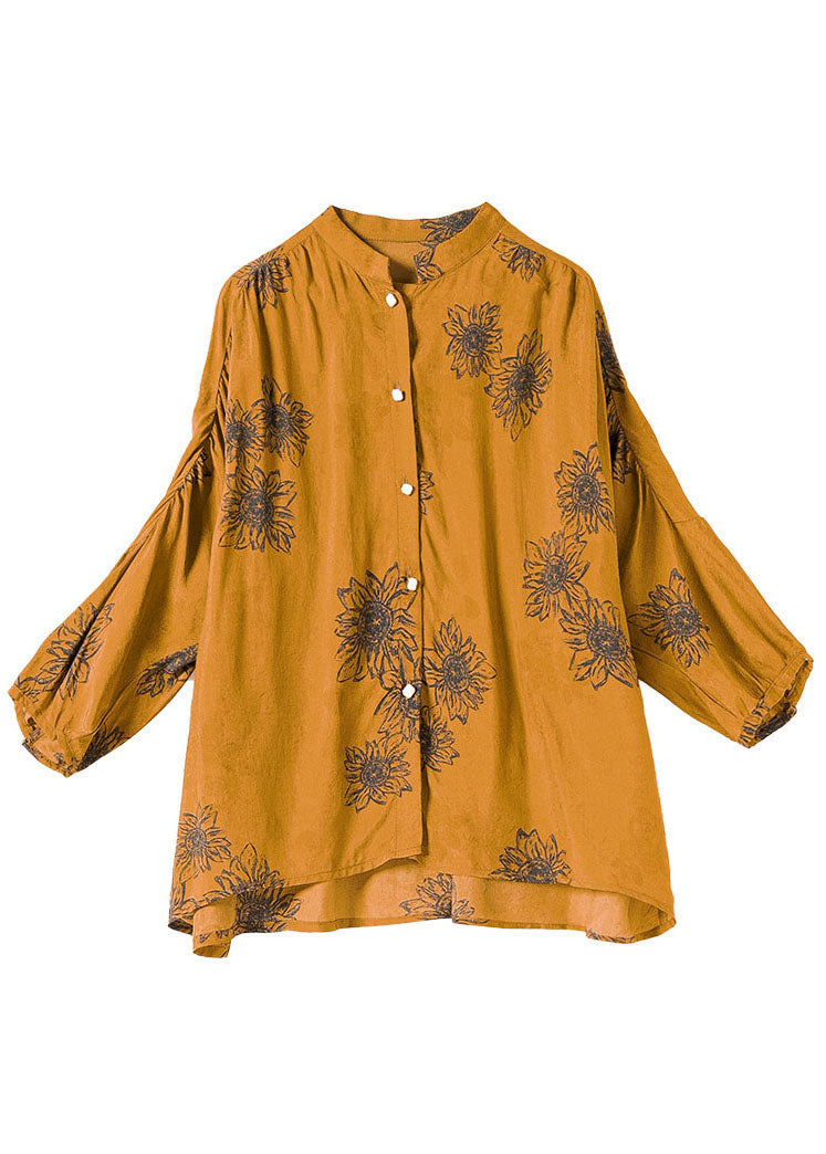 Yellow Stand Collar Wrinkled Patchwork Print Silk Shirt Top Bracelet Sleeve