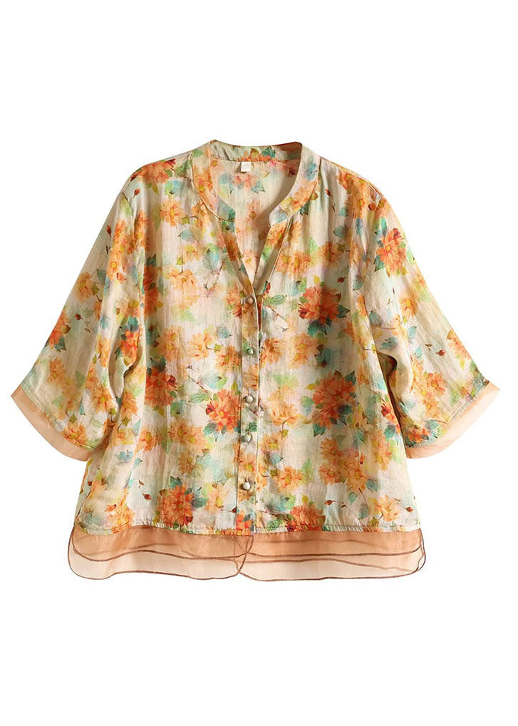Yellow V Neck Print Button Patchwork Linen Shirts Half Sleeve