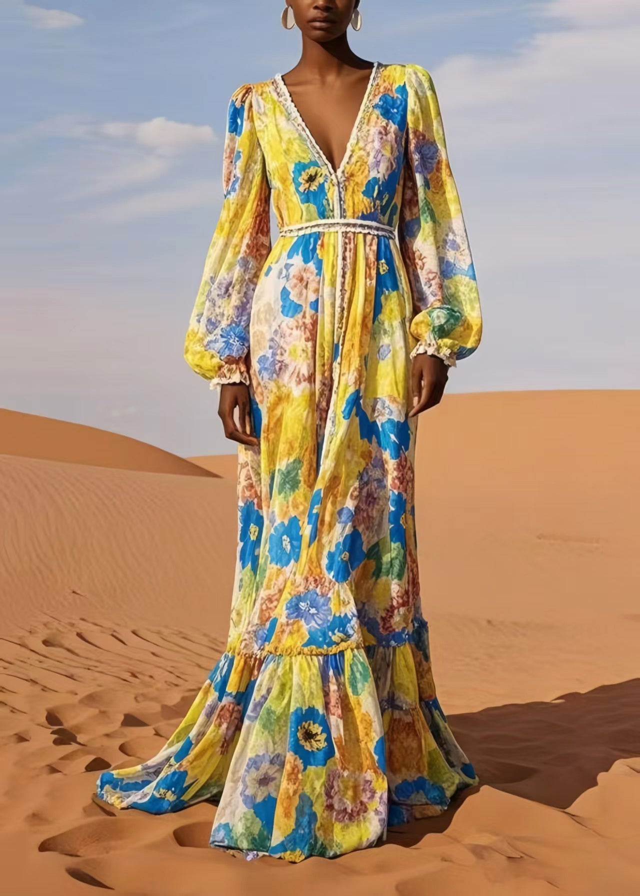 Yellow V Neck Print Chiffon Beach Dress Spring