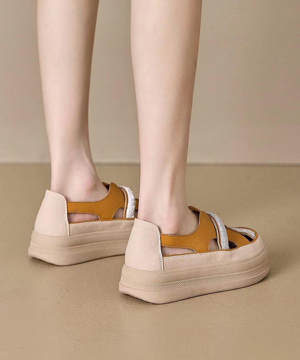 Zircon Splicing Hollow Out Platform Walking Sandals Yellow