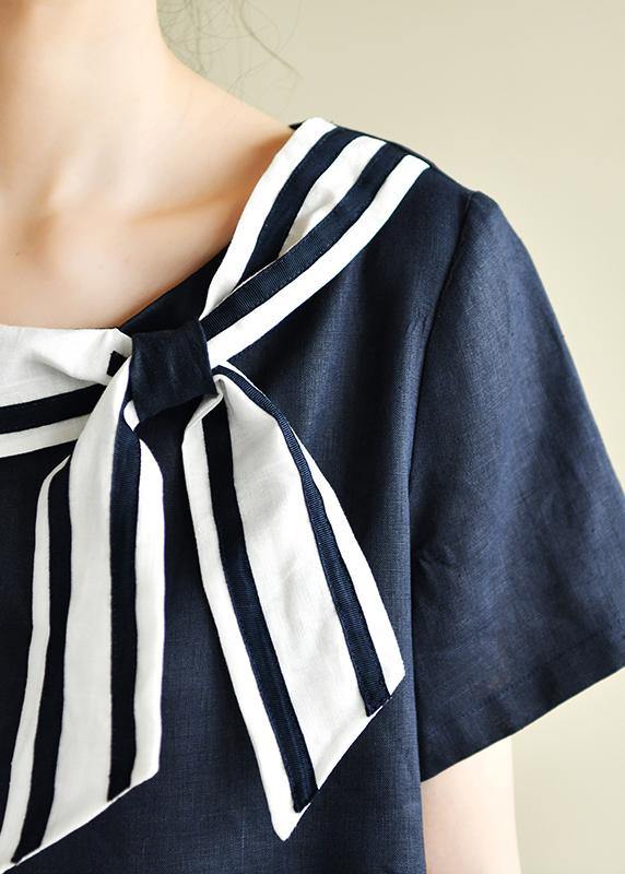 Navy Style Collar Short Sleeve Mid-length Dress