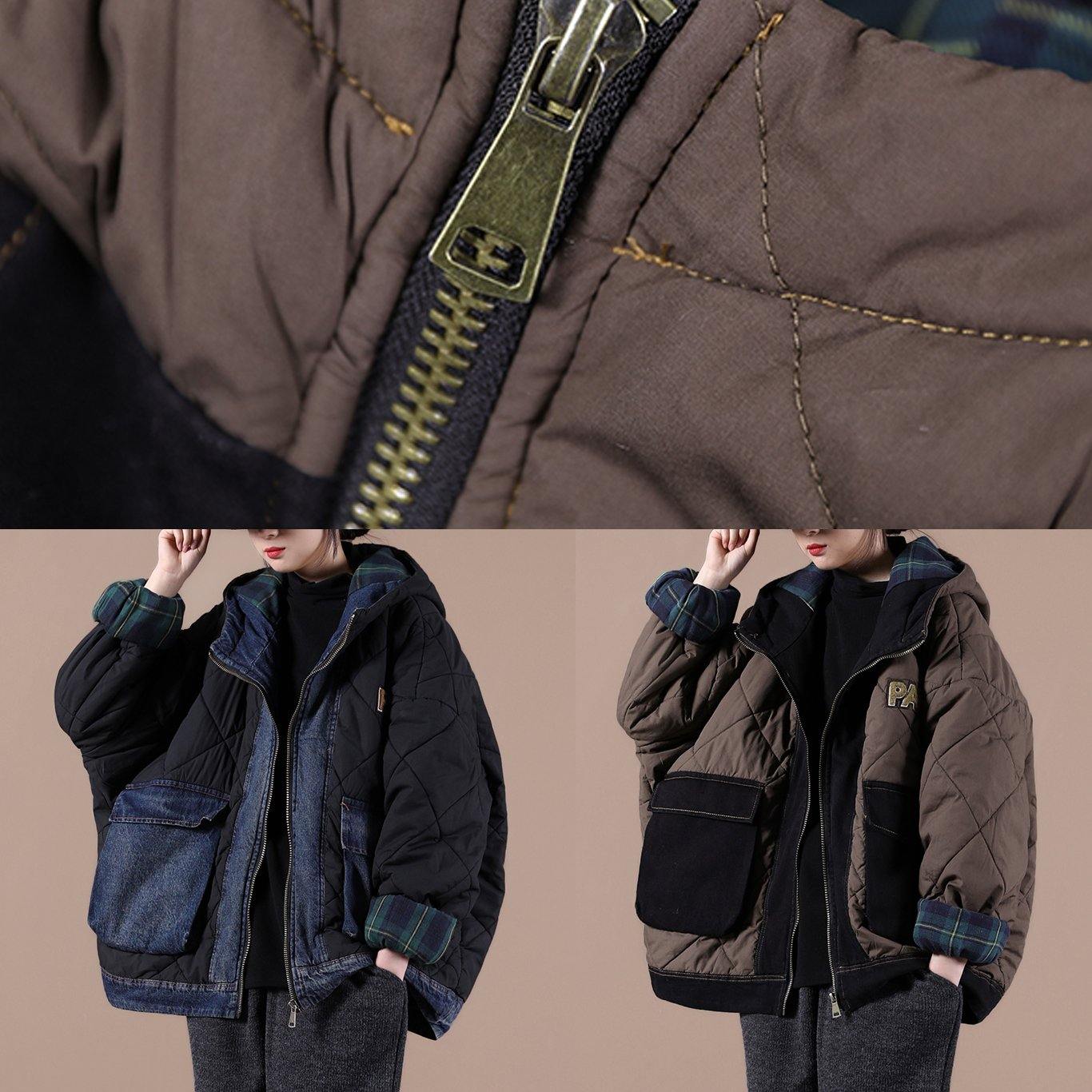 Oversize Warm Winter Coat Chocolate Hooded Patchwork Plaid Parkas for