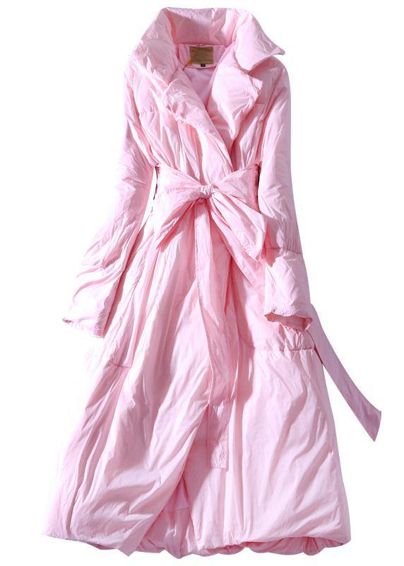 Winter Jacket Tie Waist Coats Pink Lapel Collar Warm Winter Coat