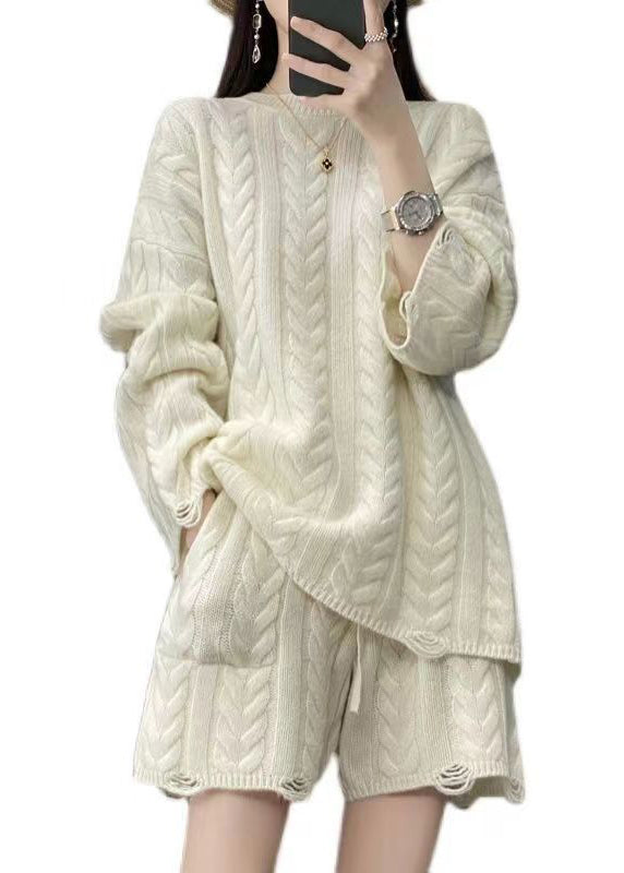 Apricot O-neck Tops and Shorts Knit Two Pieces Set Fall
