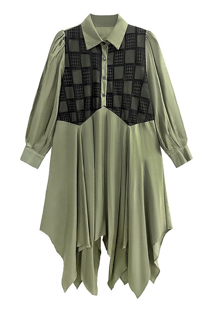 Army Green Asymmetrical Patchwork Cotton Shirt Dresses Spring
