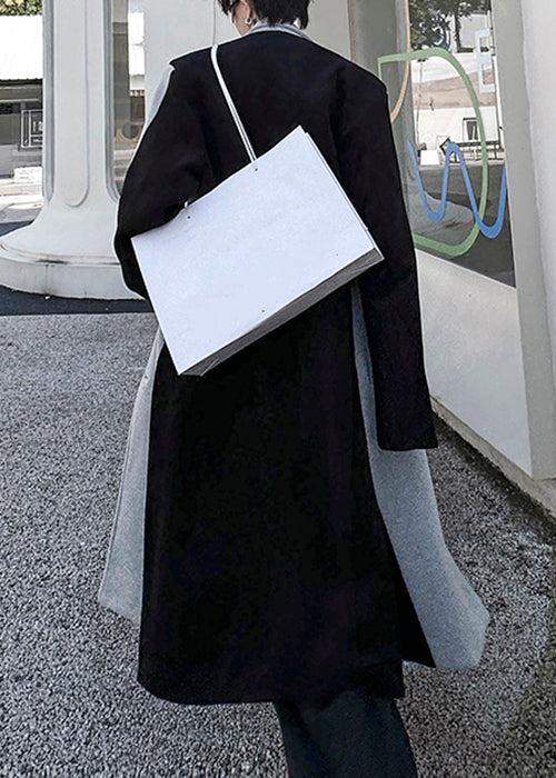 Black Button Pockets Patchwork Woolen Trench Coats Winter
