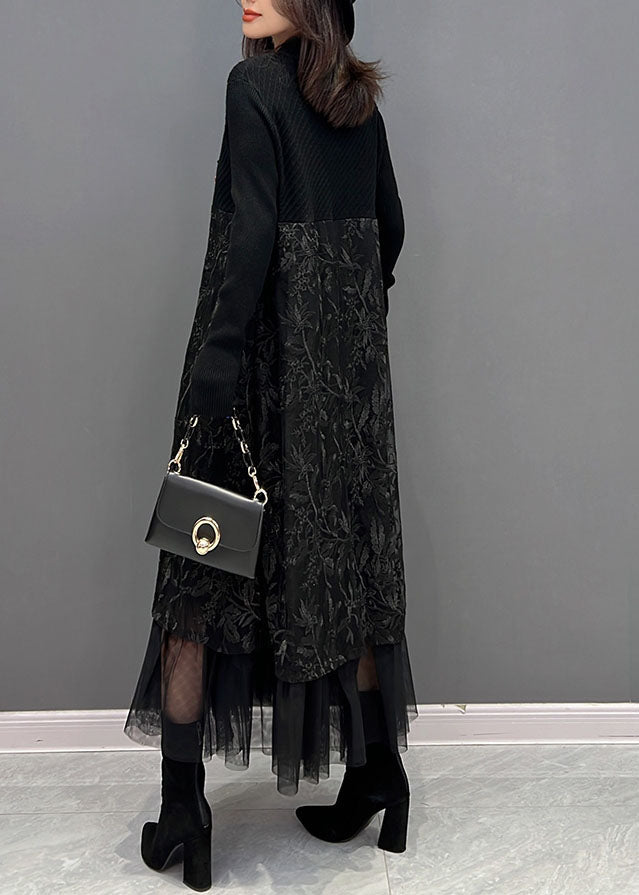 Black Embroideried Tulle Patchwork Knit Dresses Winter