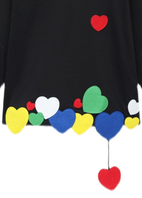 Black O-neck Loving Heart Cotton T Shirt Short Sleeve