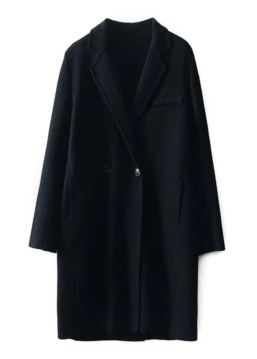Black Peter Pan Collar Pockets Patchwork Woolen Trench Winter