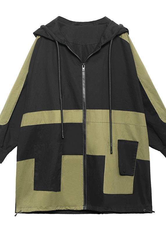 Black Pockets Cotton Zippered Spring Hoodie Coat