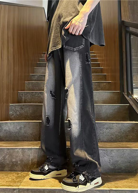 Black Pockets Ripped Denim Straight Pants Fall