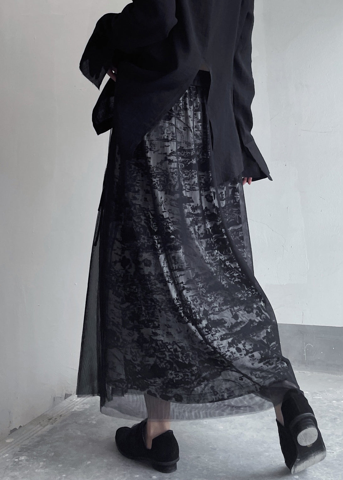 Black Print Elastic Waist Patchwork Tulle Skirt Summer