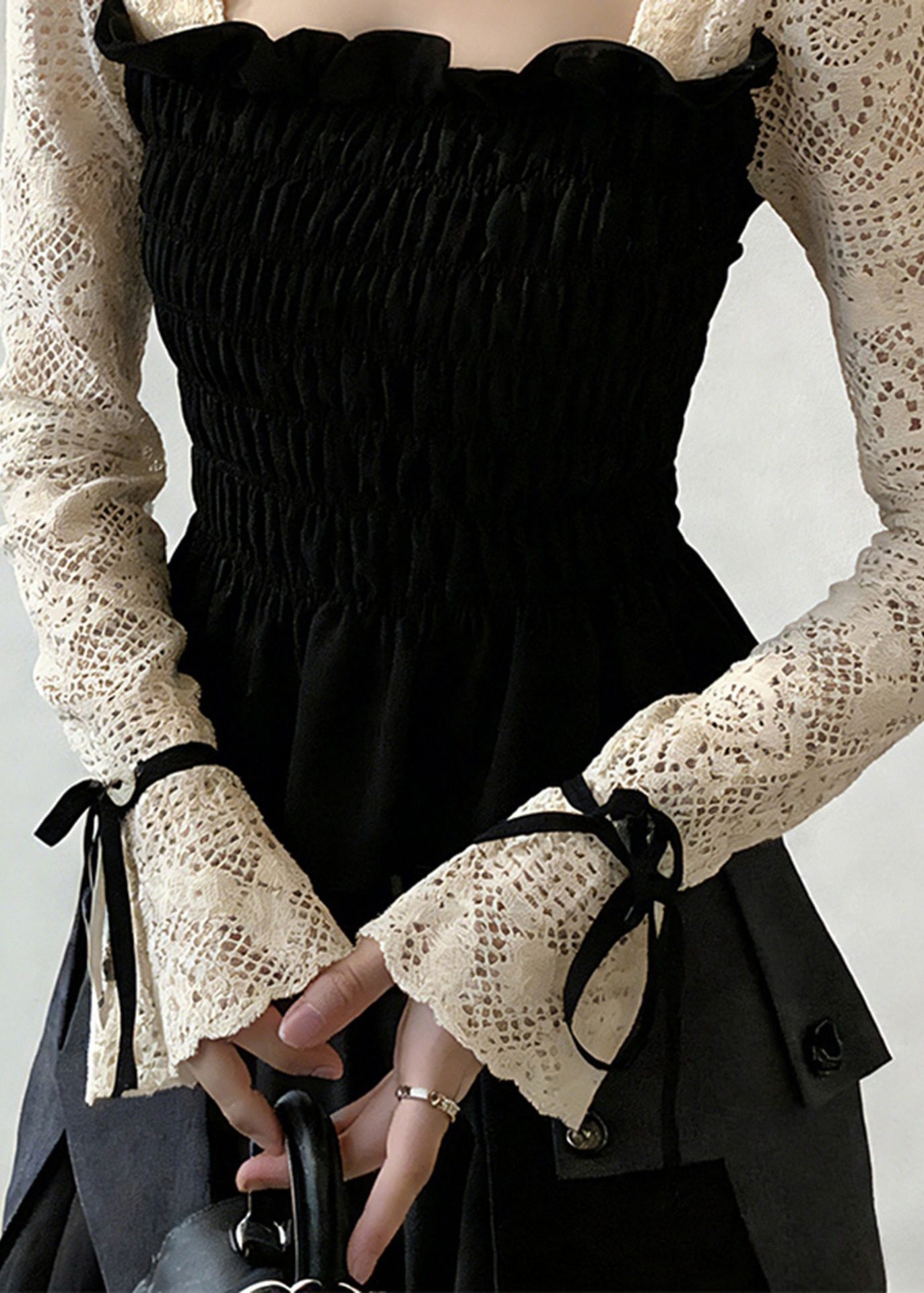 Chic Black Square Collar Patchwork Cotton Shirt Tops Flare Sleeve