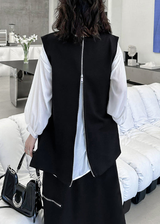 Black Zip Up Front Open Patchwork Cotton Waistcoat Sleeveless