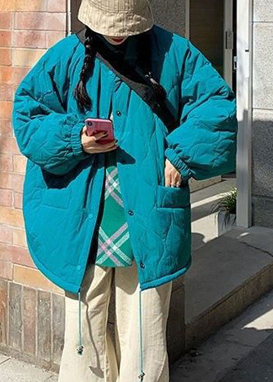 Blue Button Pockets Winter Cotton Coat