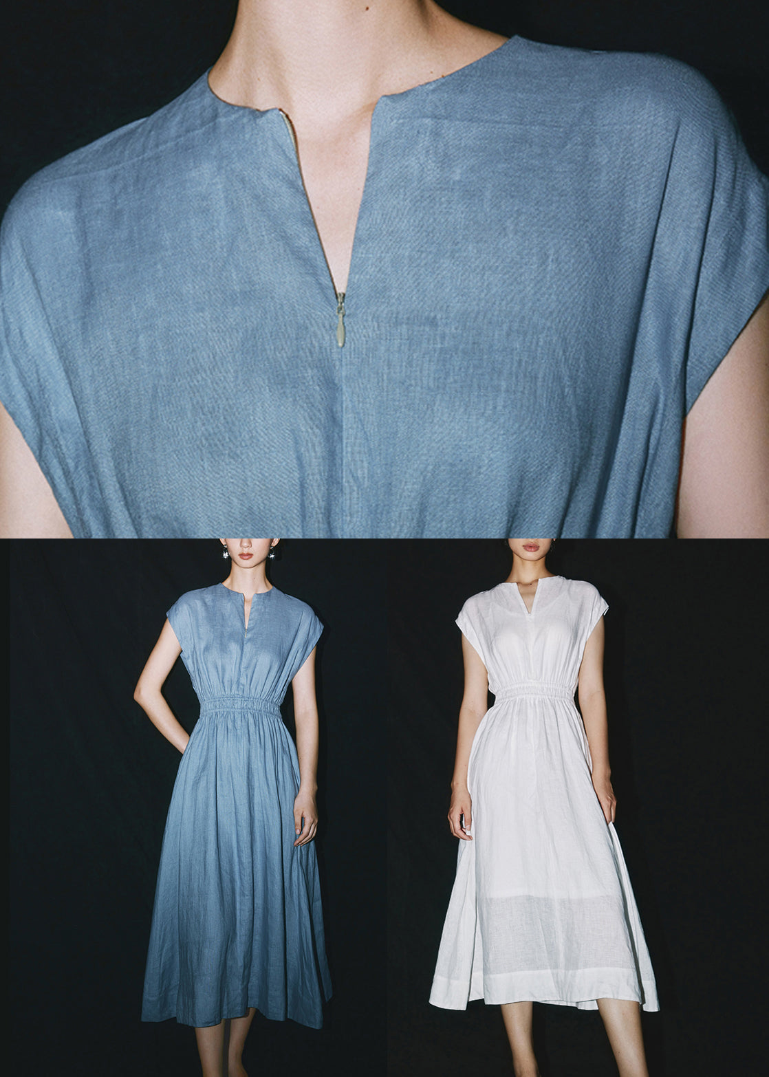 Blue O-neck Patchwork Linen Long Dresses Summer