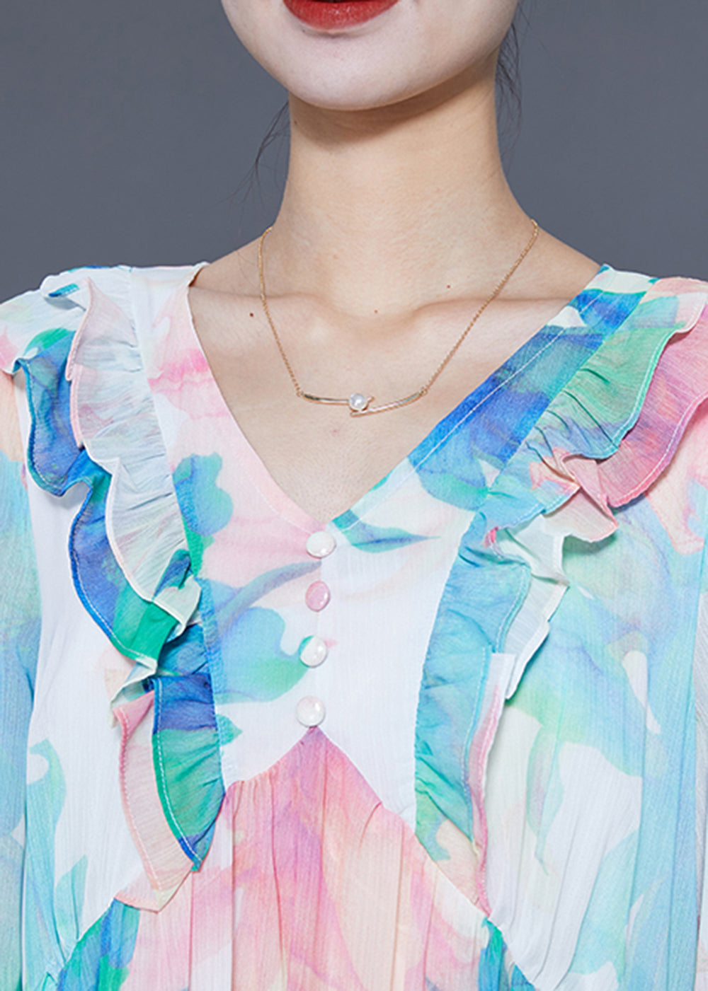 Blue Ruffled Patchwork Print Chiffon Holiday Dresses Summer