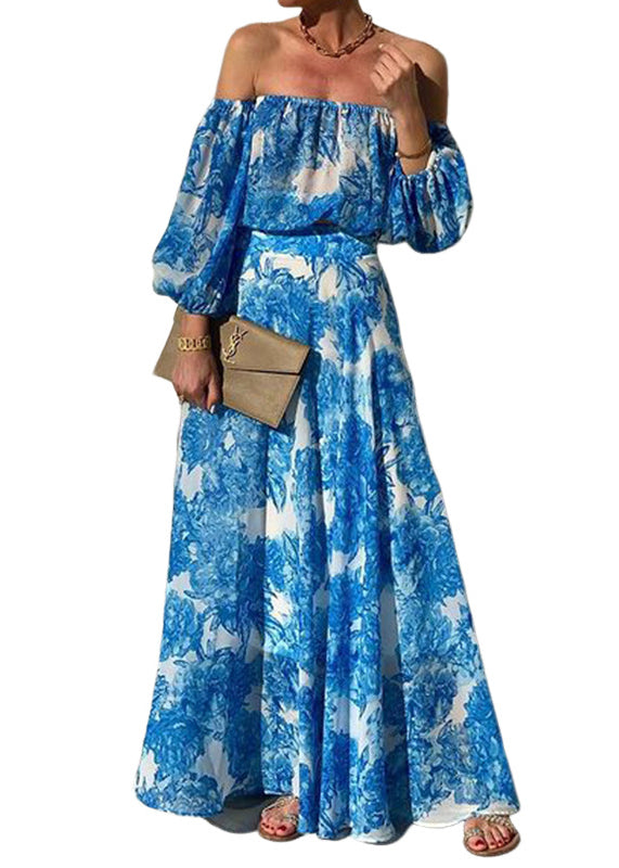 Blue Slash Neck Print Cotton Dress Long Sleeve