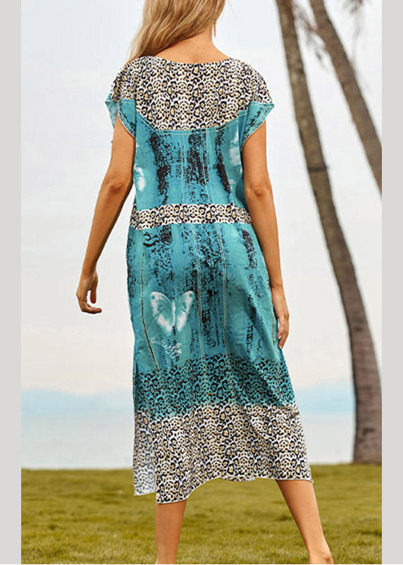 Blue V Neck Print Side Open Maxi Beach Dresses Summer