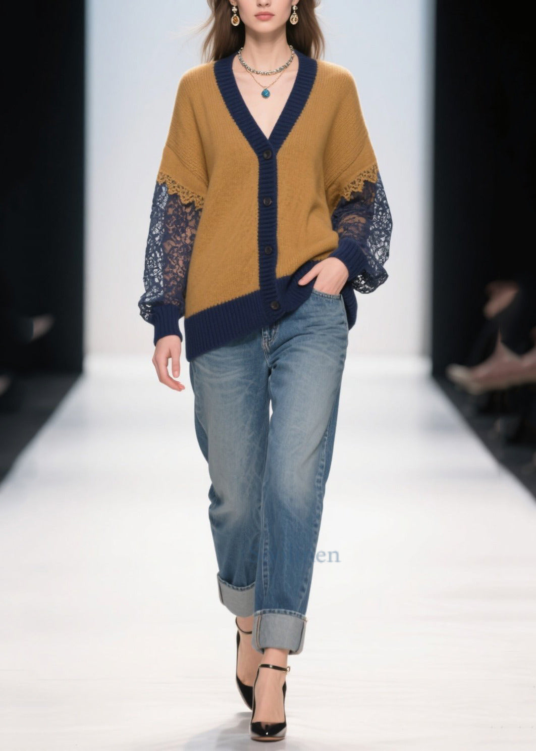 Brown Oversized Hollow Out Patchwork Lace Cardigans Fall