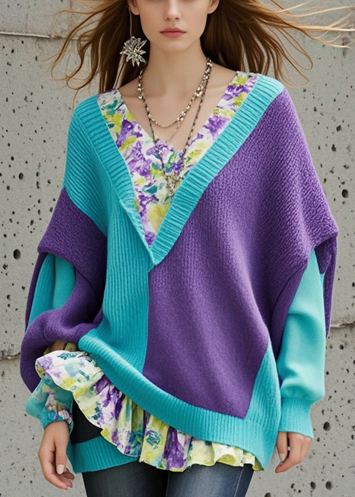 Colorblock Asymmetrical Patchwork Knit Sweater Tops Fall