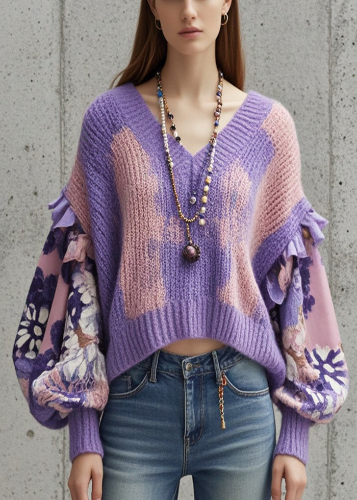 Gradient Purple V Neck Patchwork Sweater Tops Lantern Sleeve