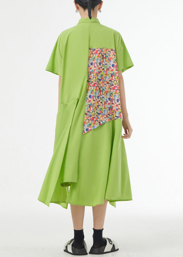 Grass Green Asymmetrical Button Patchwork Silk Cotton Shirts Dress Summer