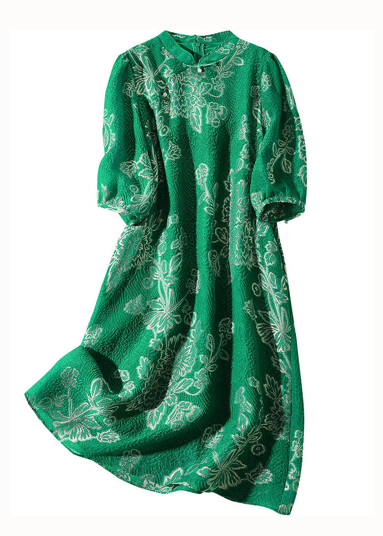 Green Embroideried Patchwork Chinese Button Silk Dresses Summer
