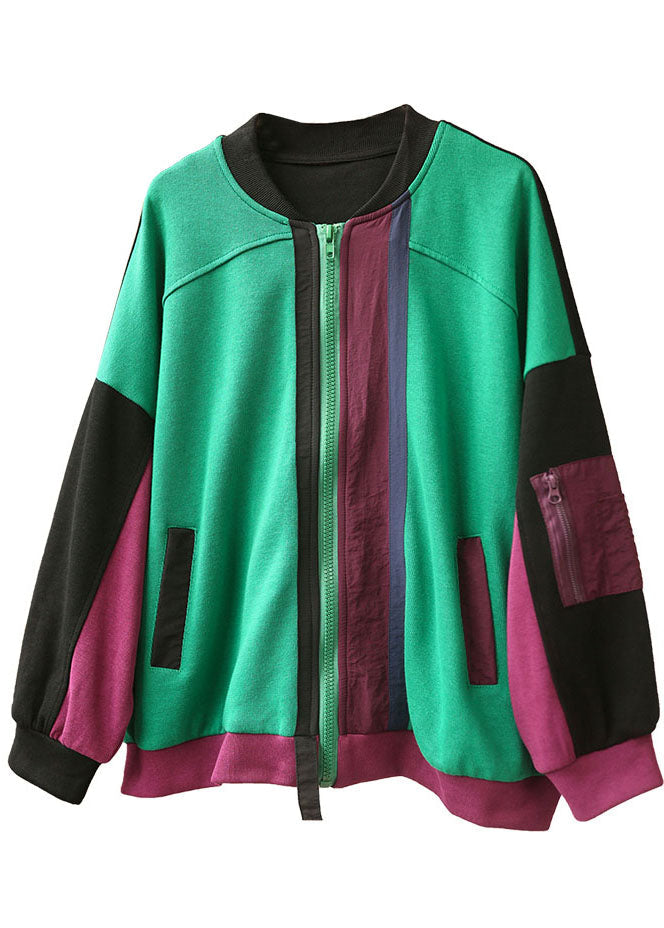 Green Loose Pockets Patchwork Fall Long Sleeve Coat