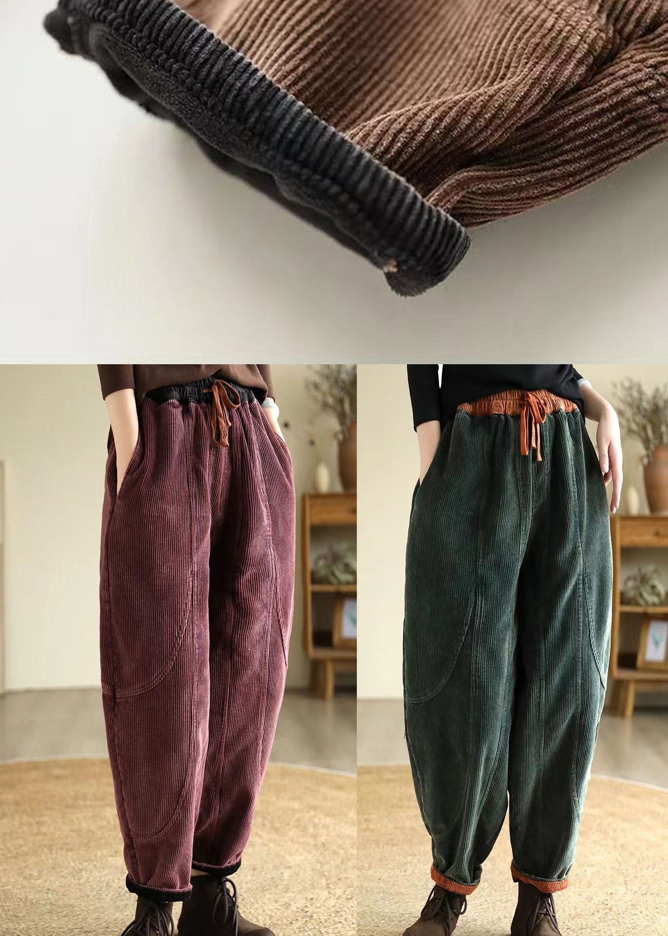 Green Oversized Pockets Warm Fleece Corduroy Harem Pants Winter