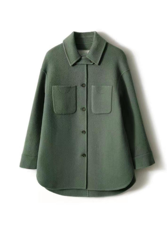 Green Peter Pan Collar Button Pockets Patchwork Woolen Coats Fall