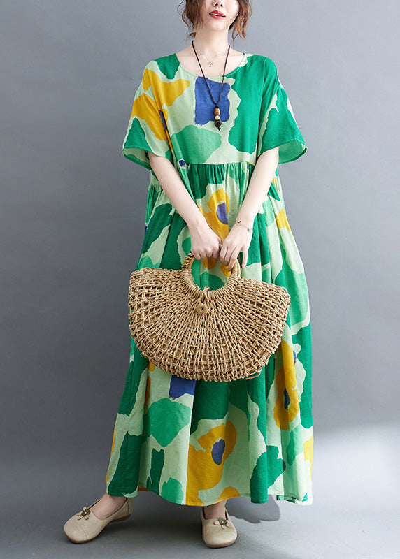 Green Print Wrinkled Party Maxi Dress Summer