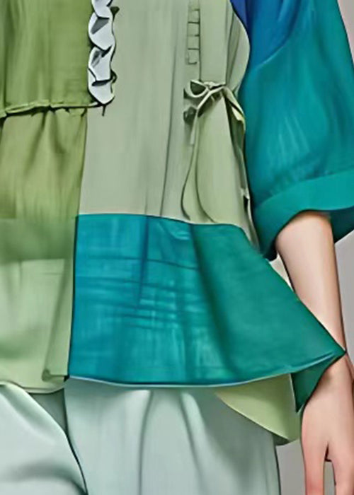 Green Ruffled Patchwork Cotton Shirts Bracelet Sleeve