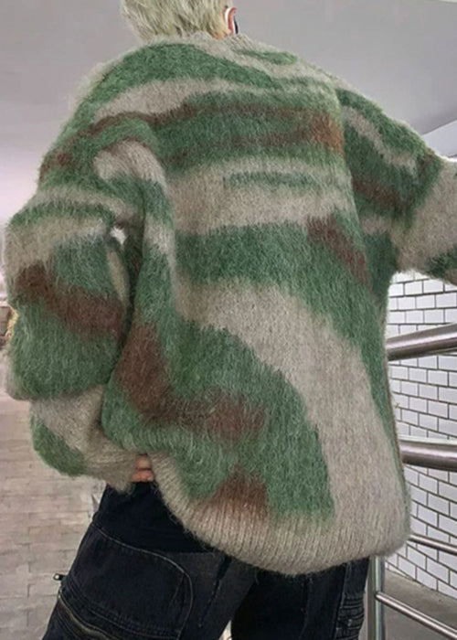 Green Striped Patchwork Knit Sweaters Winter