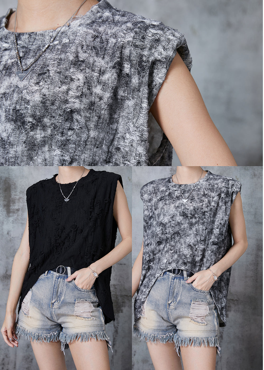 Grey Tie Dye Low High Design Cotton Beach Vest Summer
