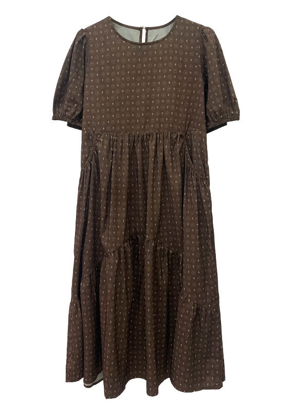 Khaki Puff Sleeve Patchwork Print Cotton Dresses