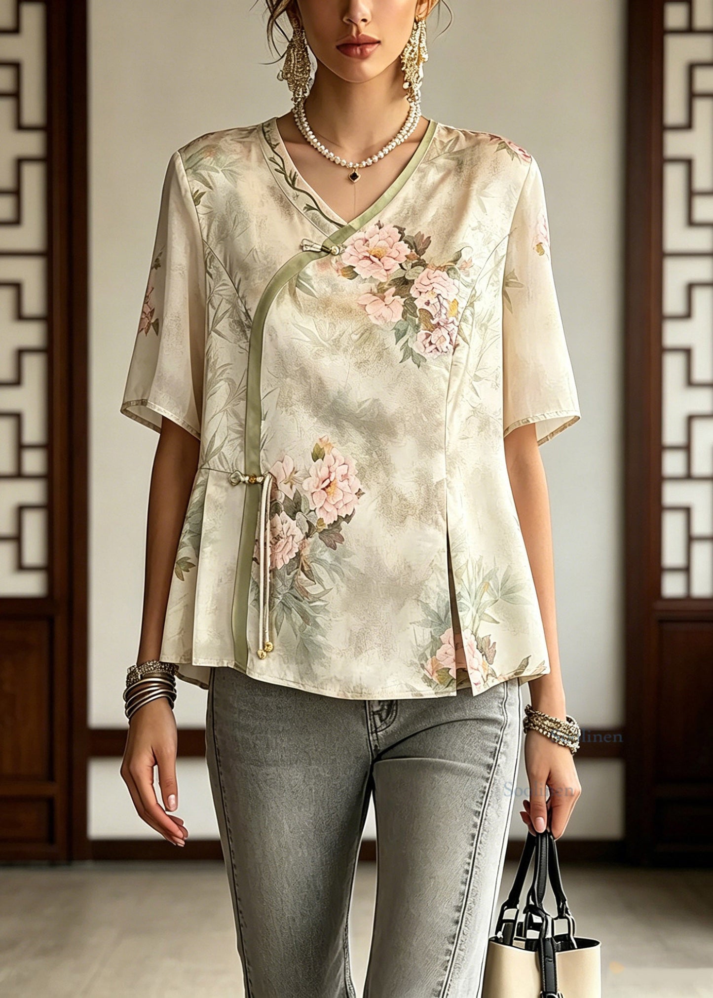 Light Green V Neck Patchwork Button Chiffon Top Summer
