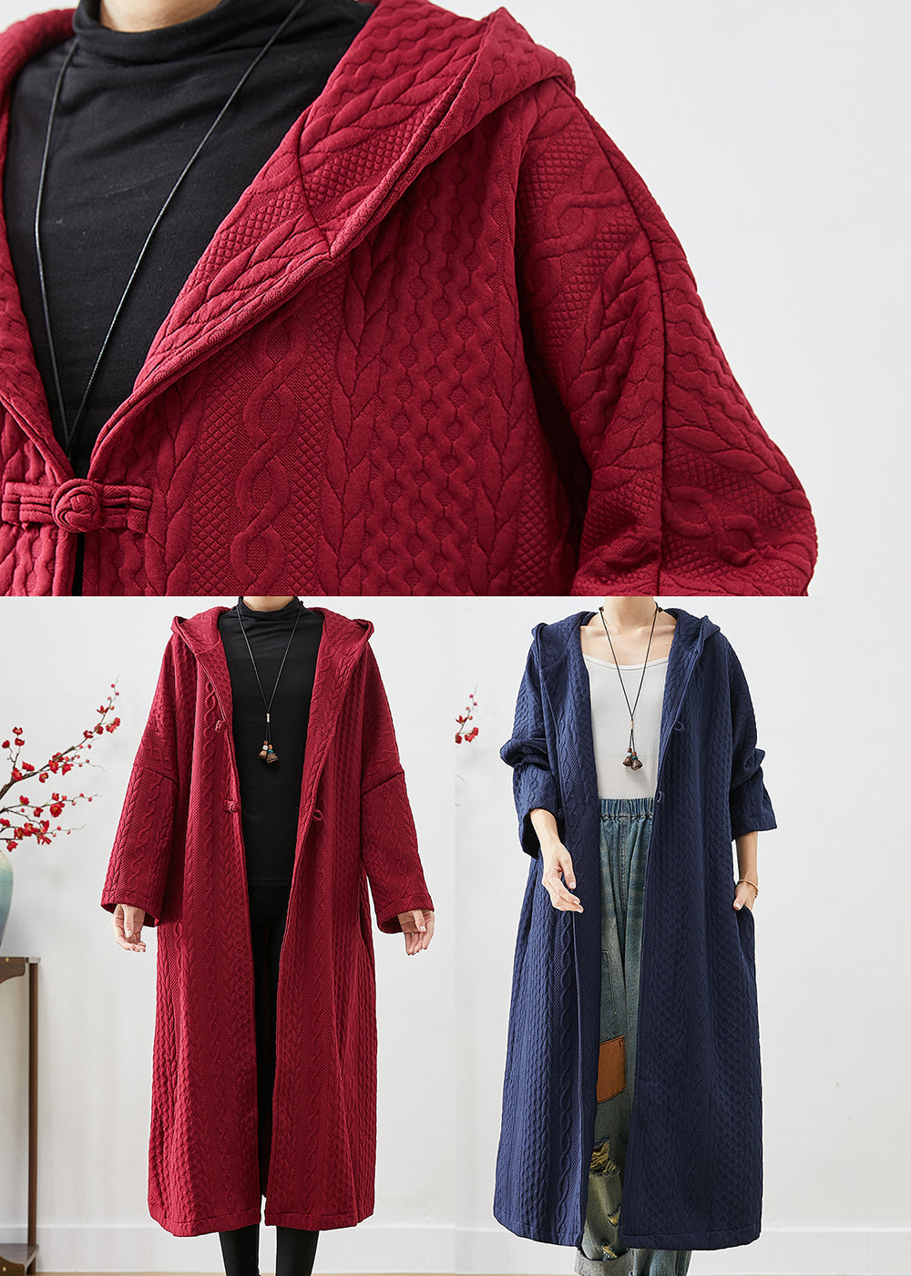 Mulberry Hooded Chinese Button Cotton Trench Coat Fall