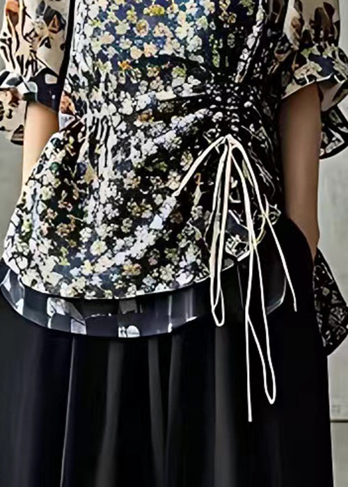 Navy Print Drawstring Cotton Shirt Half Sleeve