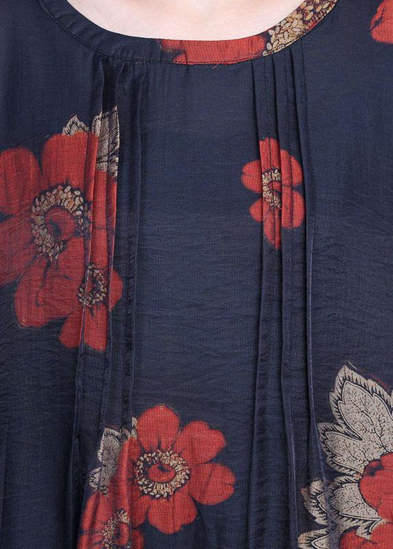 Navy Print Long Smock Wide Leg Chiffon Two Pieces Sets