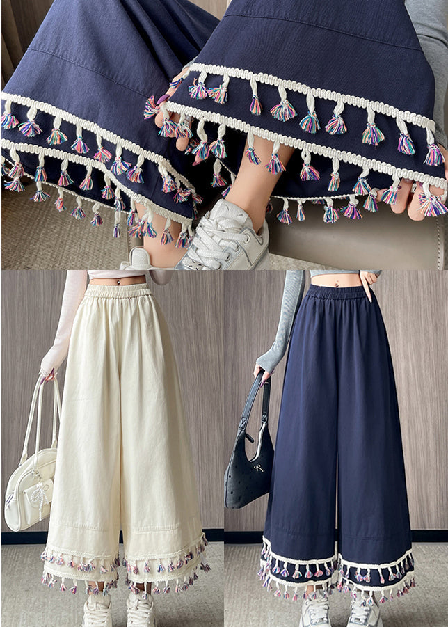 Navy Tasseled Cotton Wide Leg Pants Trousers Spring