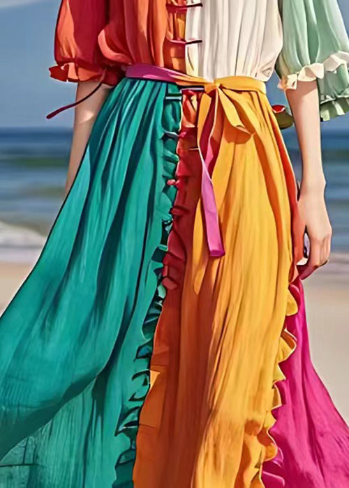 Orange Ruffled Tie Waist Cotton Long Dress Half Sleeve