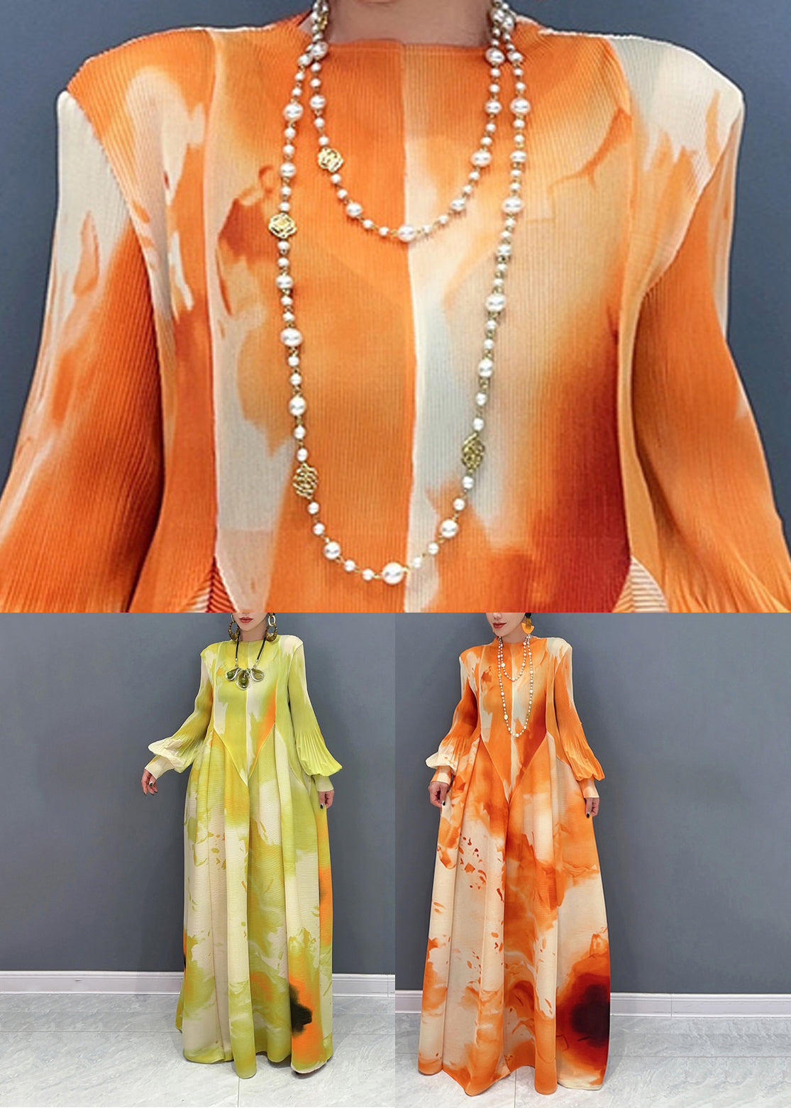 Orange Stand Collar Wrinkled Chiffon Long Dress Spring
