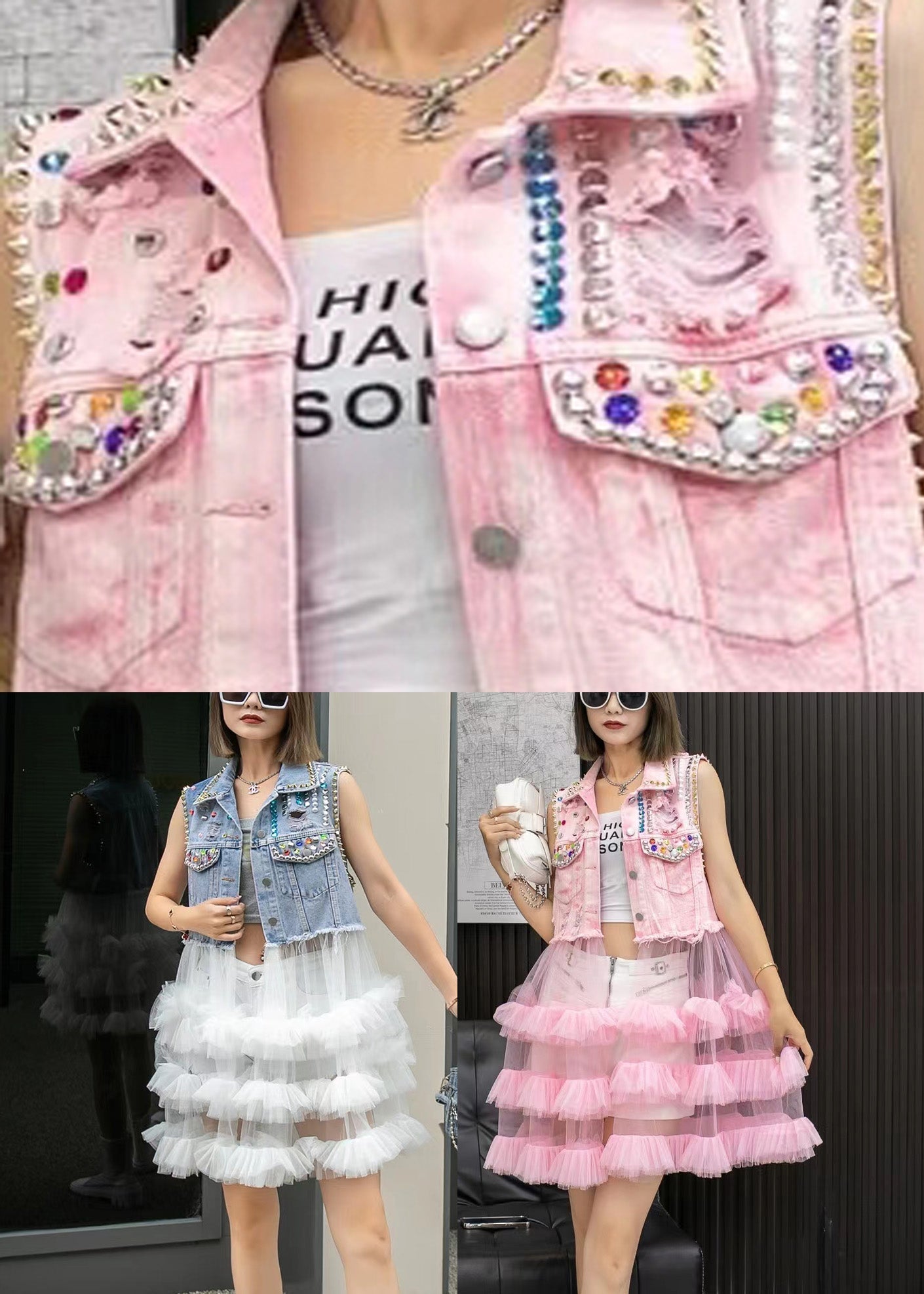 Pink Denim Waistcoat Patchwork Tulle Mid Dresses Sleeveless