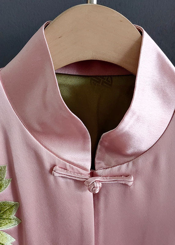 Pink Print Chinese Button Patchwork Silk Coat Spring