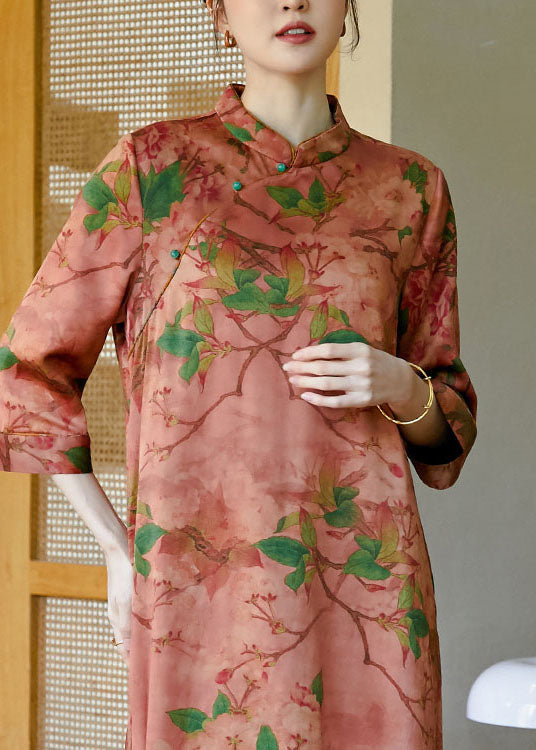 Pink Mandarin Collar Button Print Silk Cheongsam Dress Bracelet Sleeve